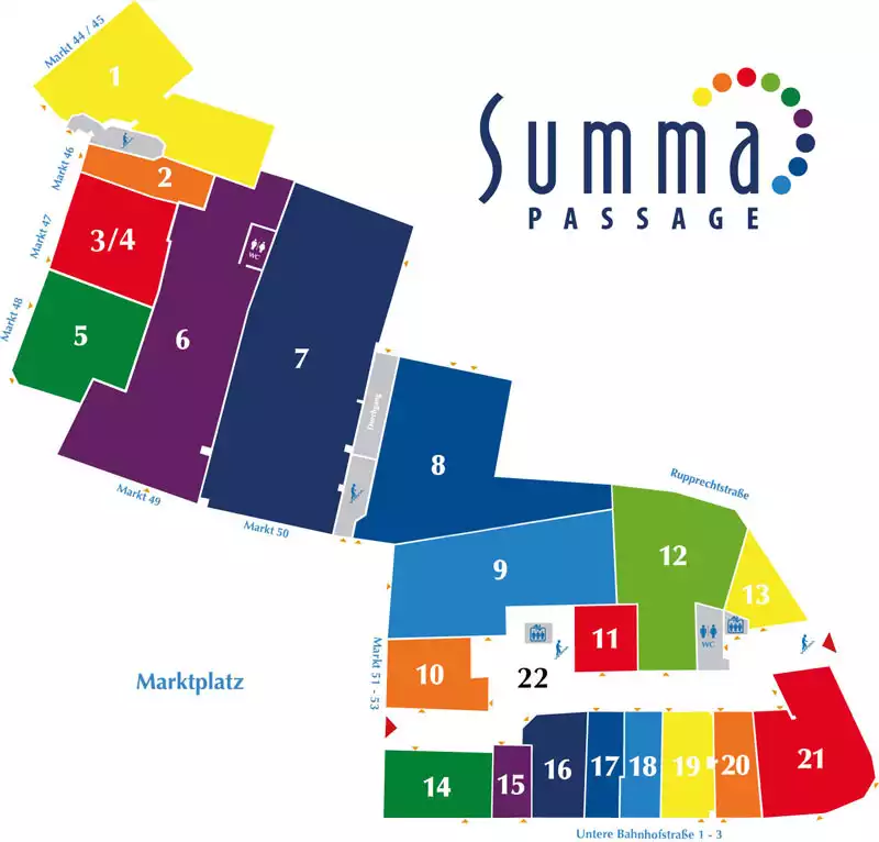 Lageplan der Geschäfte in der Summapassage. Geschäfte sind nummeriert und verschieden farbig eingefärbt.